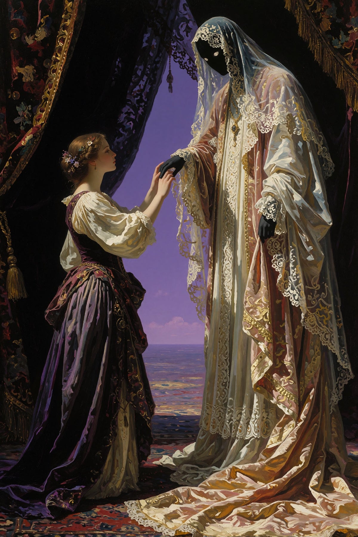 Fantasy artwork of a woman touching the hand of a tall, veiled figure in ornate robes, framed by dark curtains