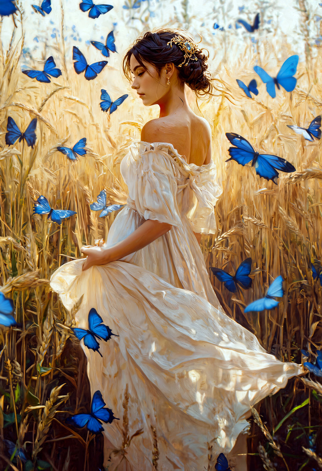 Portrait of a beautiful woman with dark hair in a wheat field, a painting capturing the serene essence of nature's beauty.