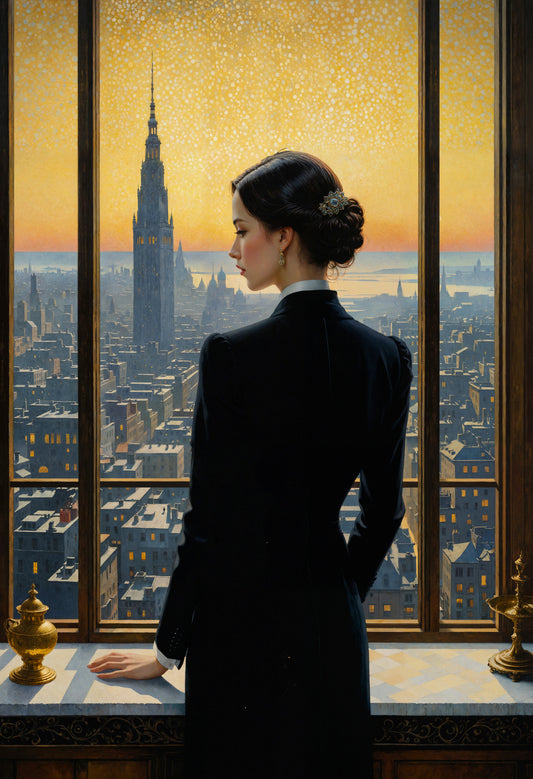A painting of a woman in a business suit looking out a window at a city.