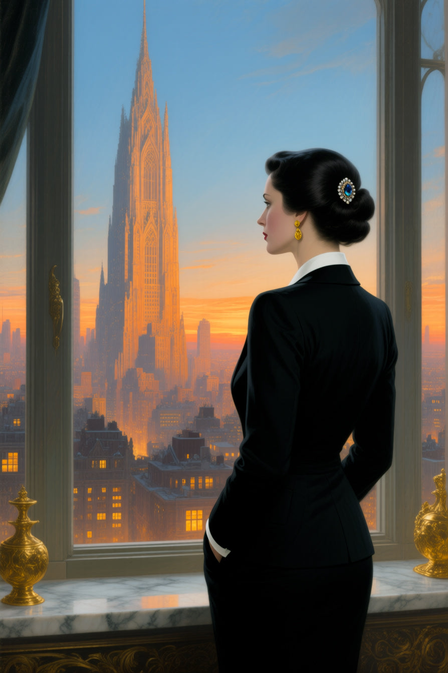Woman in a black dress looking out a window at a city cityscape.