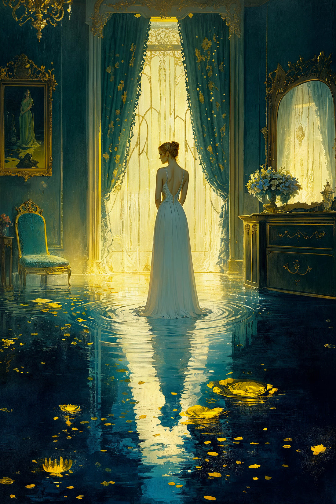 A woman standing in a room of reflections.