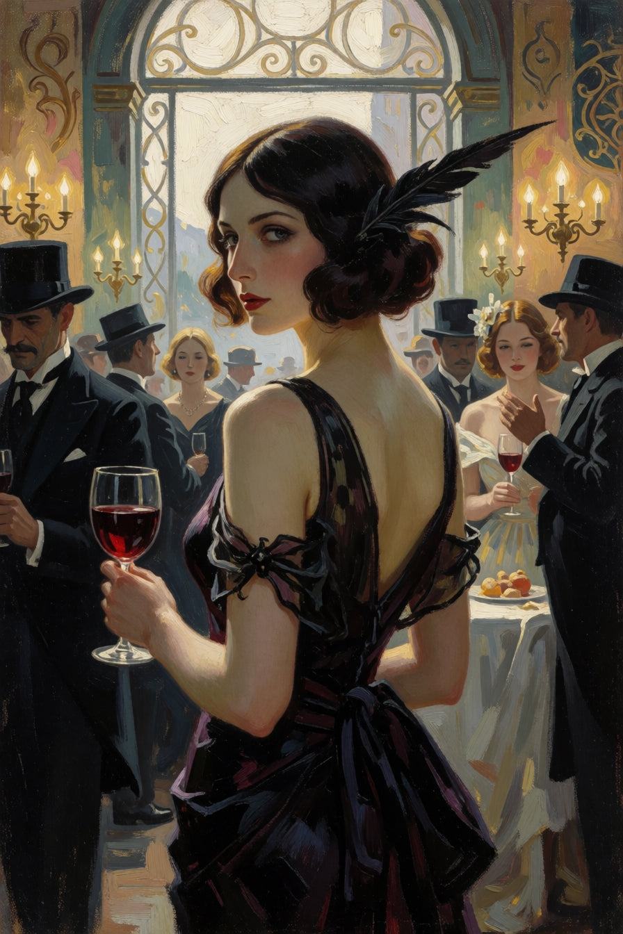A painting of a woman in a dress, holding a glass of wine at a social gathering.