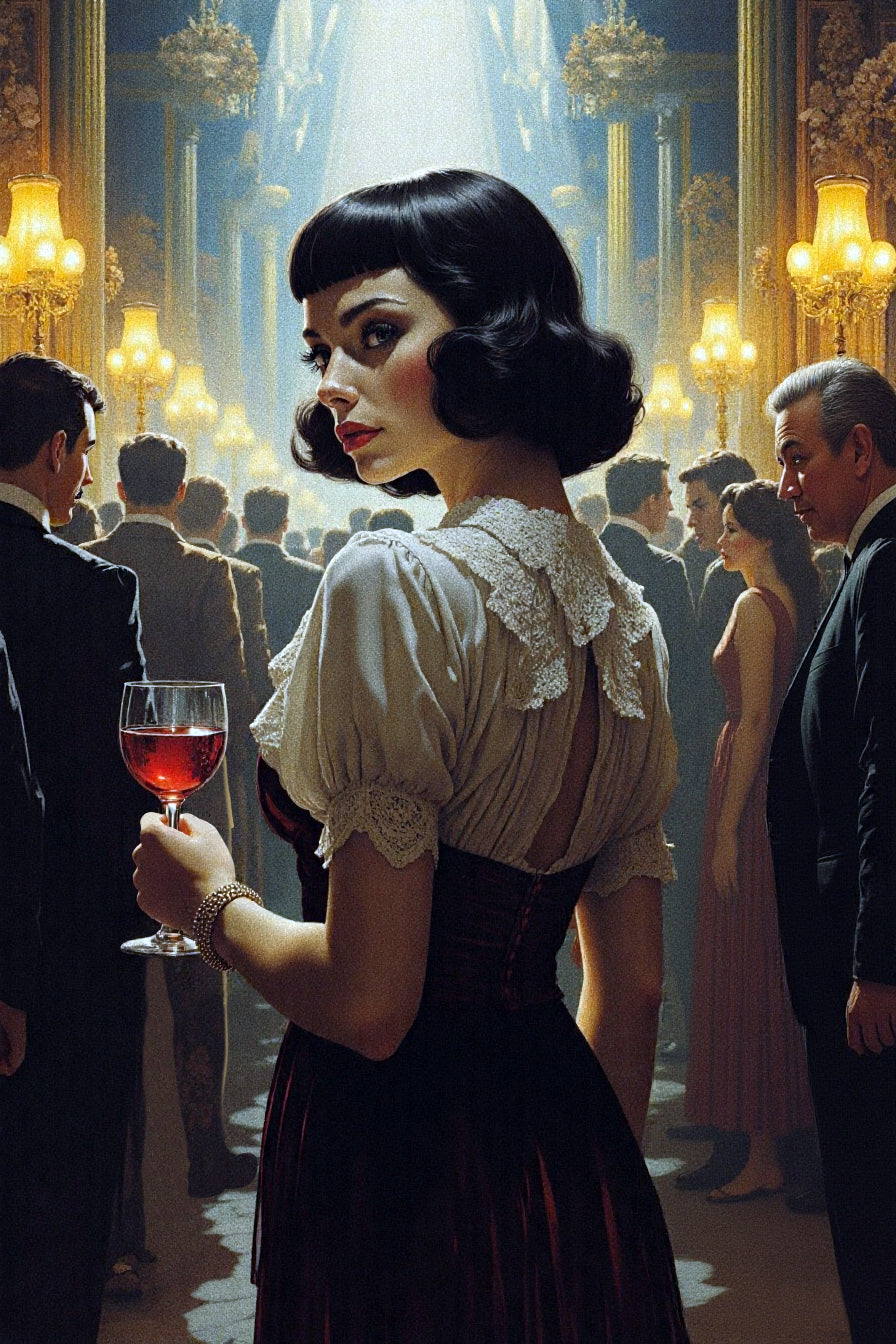 A painting of a woman in a dress, holding a glass of wine at a social gathering.