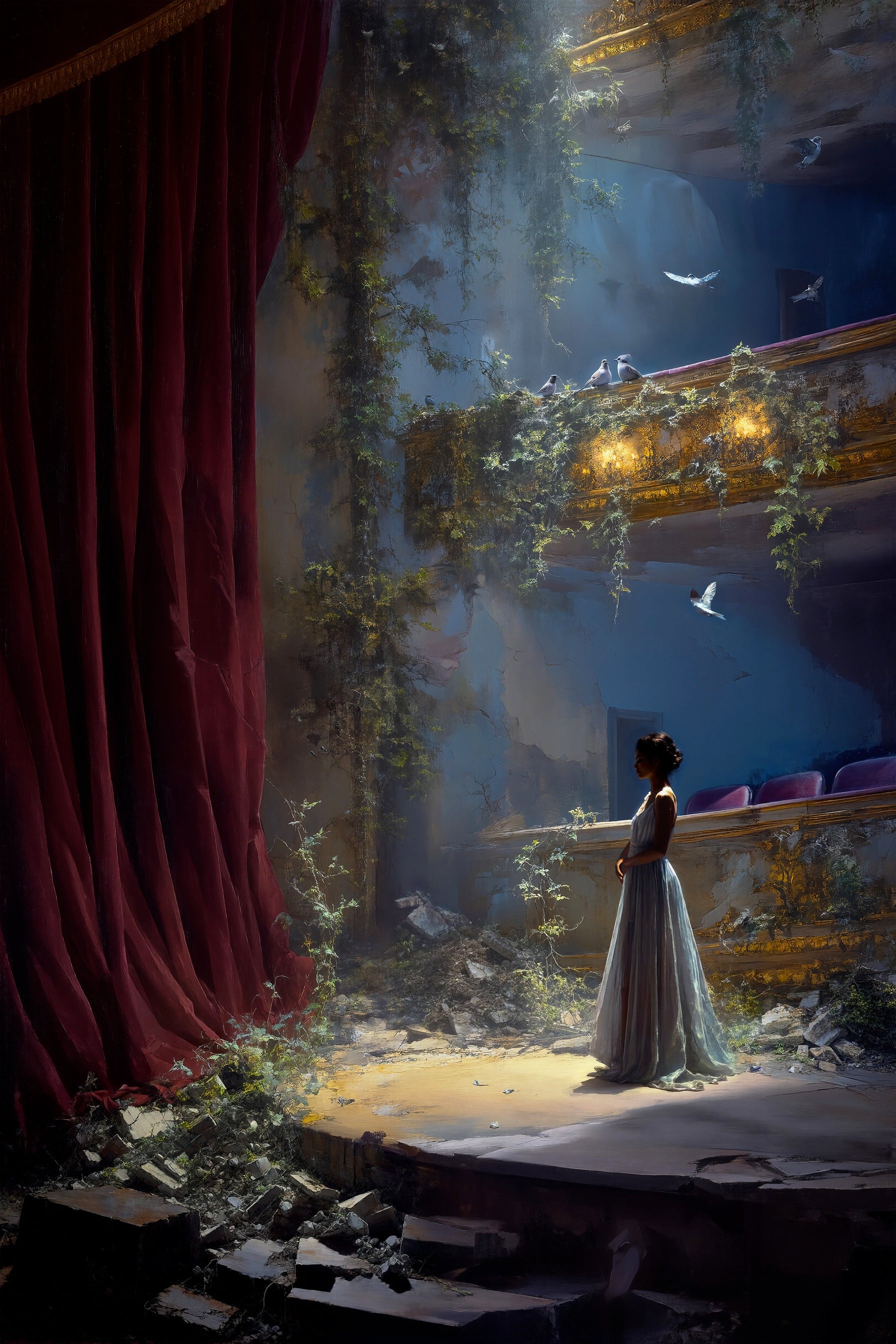 A ruined theater, overtaken by nature. On stage, a lone woman stands under a soft spotlight, eyes closed, as ivy climbs the curtains and birds perch in the balcony.