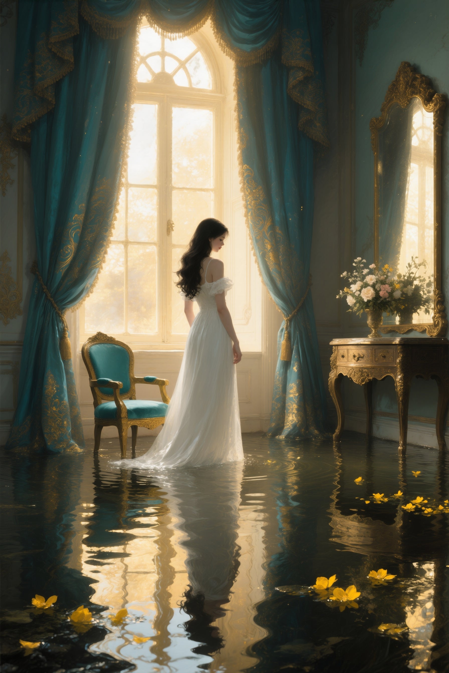 Woman in a white dress standing in a room with large windows and decorative curtains.