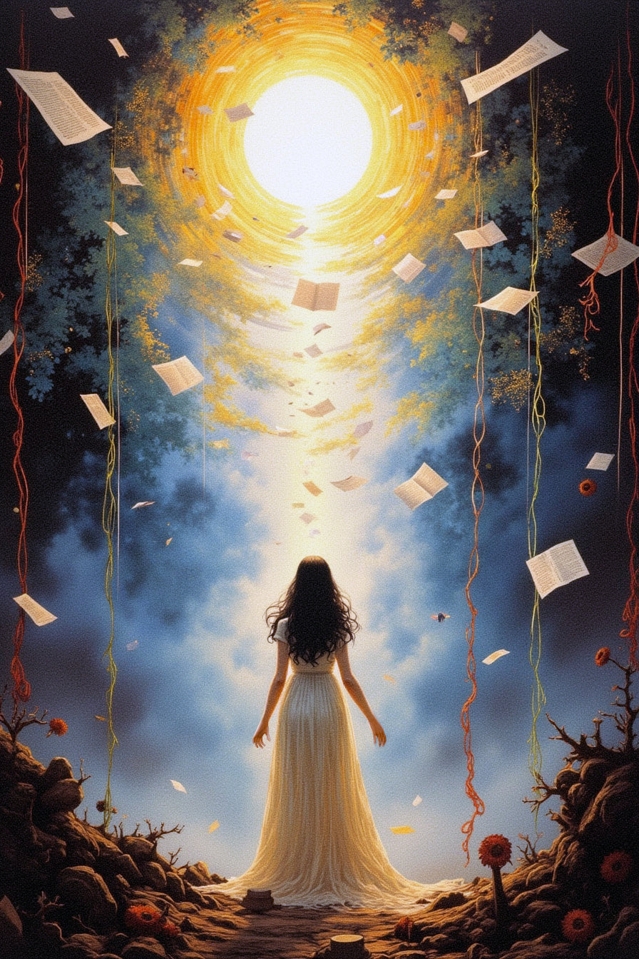 A woman stands in a luminous space, surrounded by floating pages and ribbons of color.