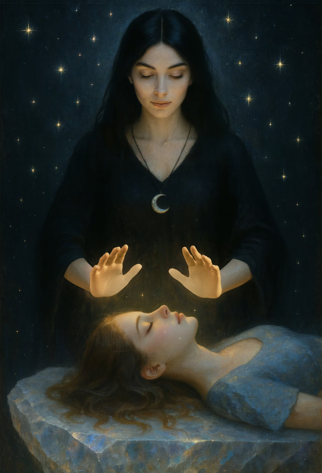 A healer with a moon pendant places glowing hands over a resting patient on a shimmering crystal slab.