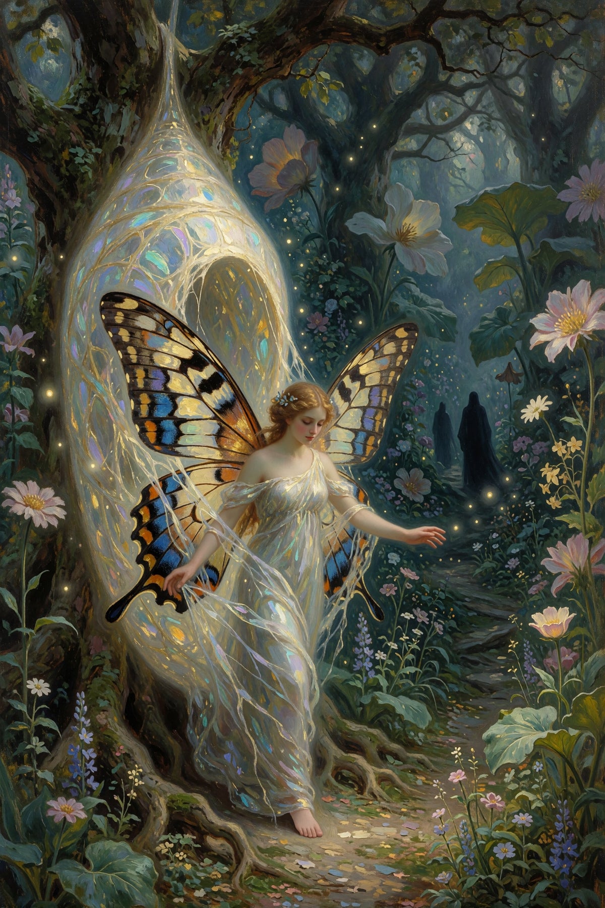 Artwork of a woman standing in a glowing forest, with large iridescent wings in blue, yellow, and brown, surrounded by flowers, butterflies, and a luminous web-like form in a woodland scene.