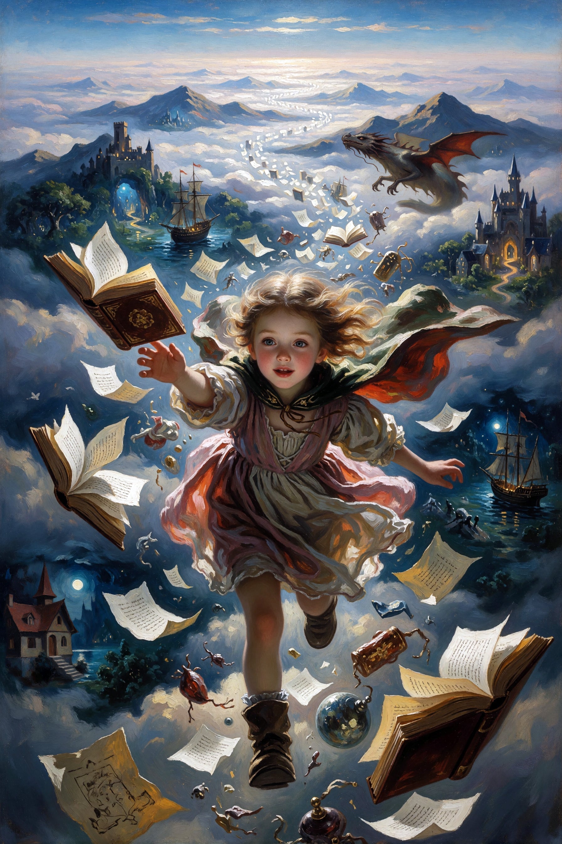 Fantasy artwork of a young girl floating through clouds and falling books, surrounded by open books, ships, castles, mountains, and a dragon in the sky.