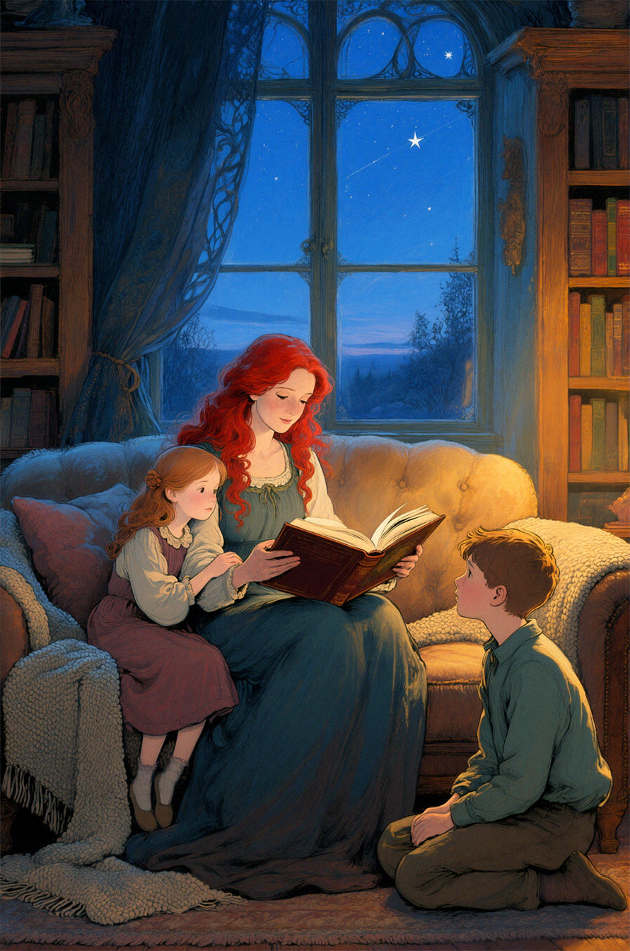 Woman with red hair reading a book to two children in a cozy room with a large window.
