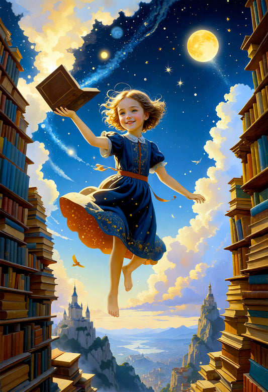 A painting of a girl in a blue dress surrounded by books of higher knowledge.