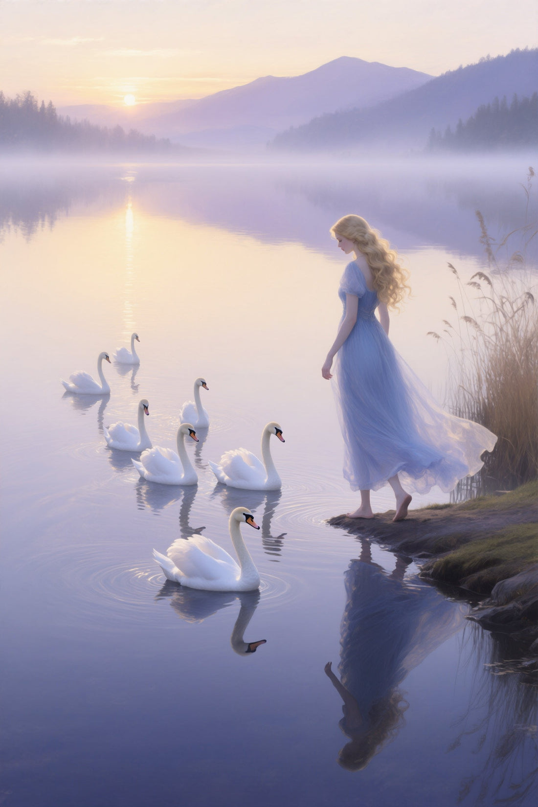 Woman in a light blue dress walking along a lake with swans at sunrise.