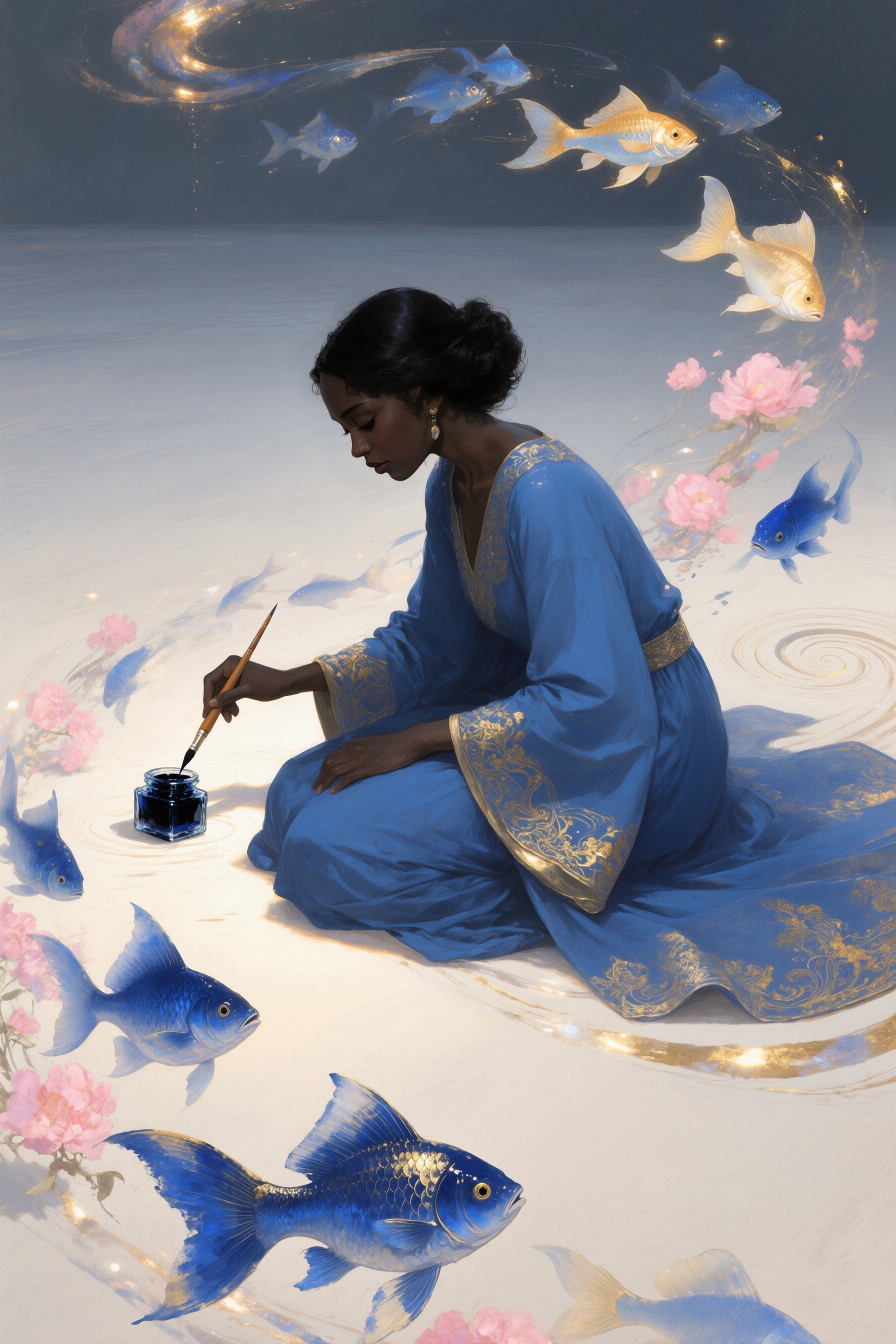 Woman in a blue dress with gold accents sitting on a white surface surrounded by blue fish and pink flowers.