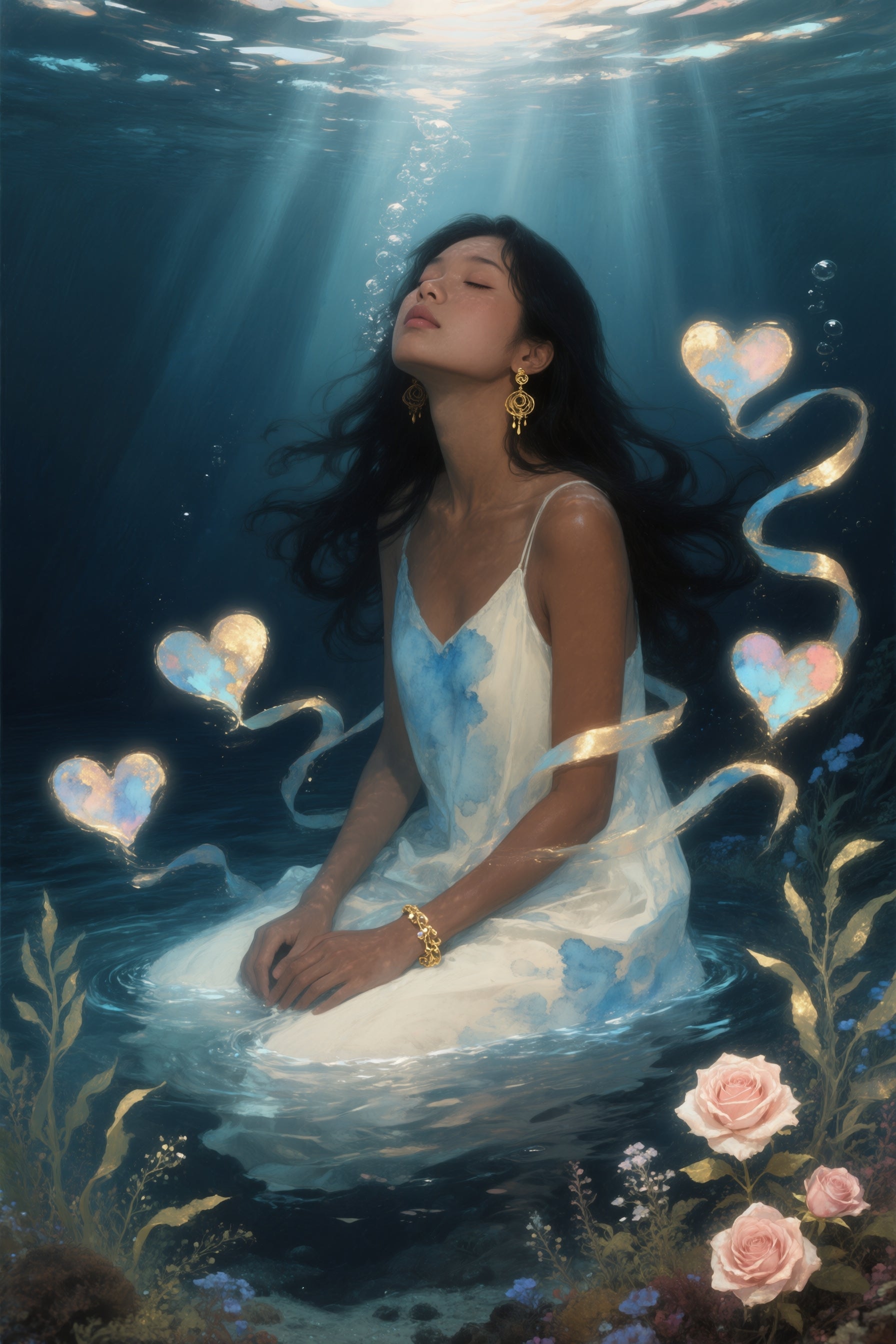 Woman in a white dress underwater with heart-shaped ribbons and flowers.
