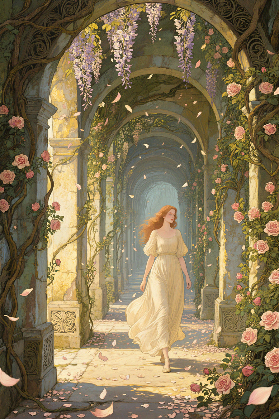 Woman in a yellow dress walking through a romantic, flower-lined archway.