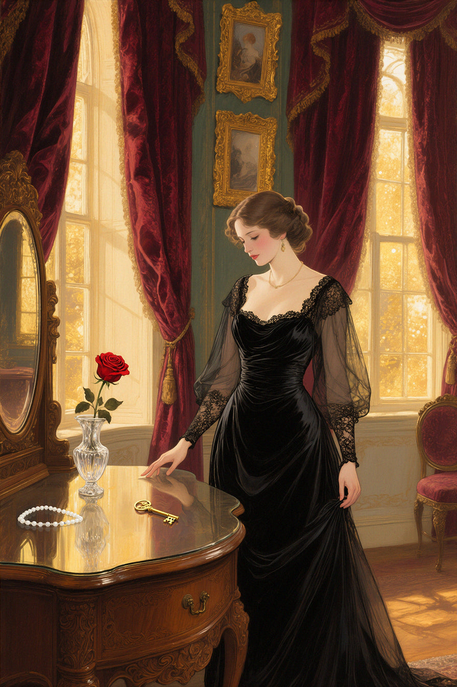Woman in a black dress standing in a room with red curtains and a mirror.