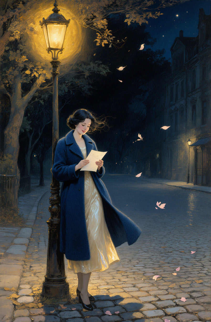 A woman reading a letter by a street lamp on a moonlit night