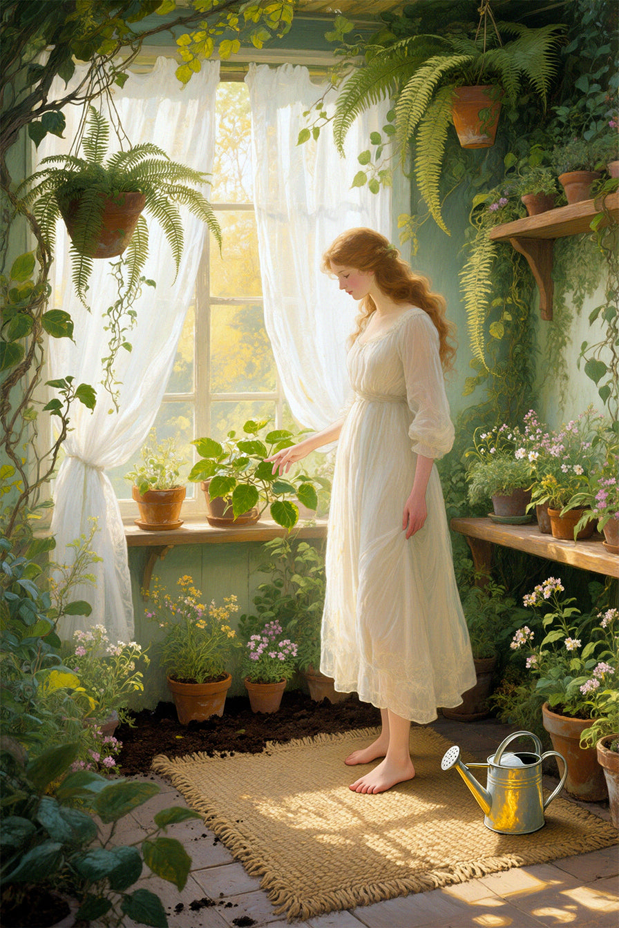 Woman in a white dress standing in a sunlit room filled with plants