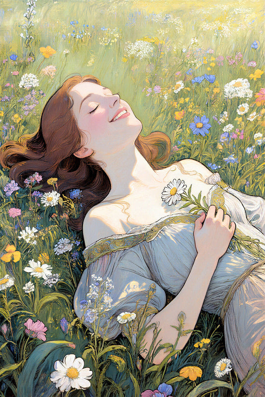 Woman lying in a field of flowers with a soft, dreamy quality