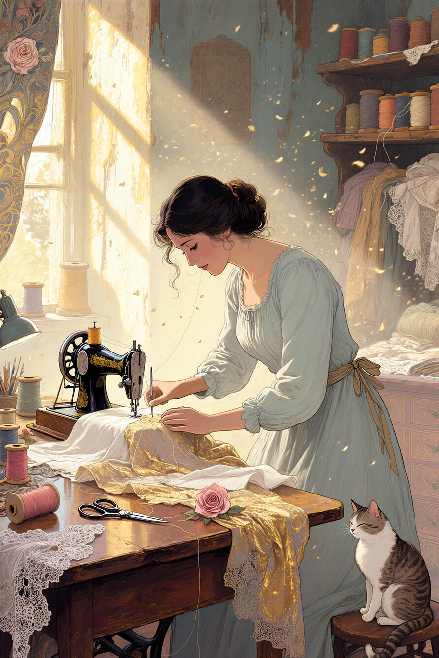 A woman working at a sewing machine in a sunlit room with a cat sitting nearby.
