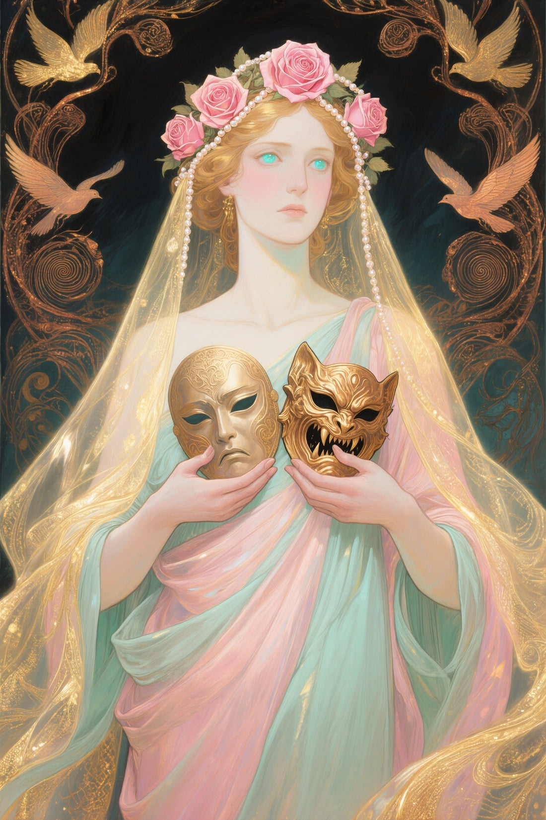 Artistic depiction of a woman holding two masks against a decorative 