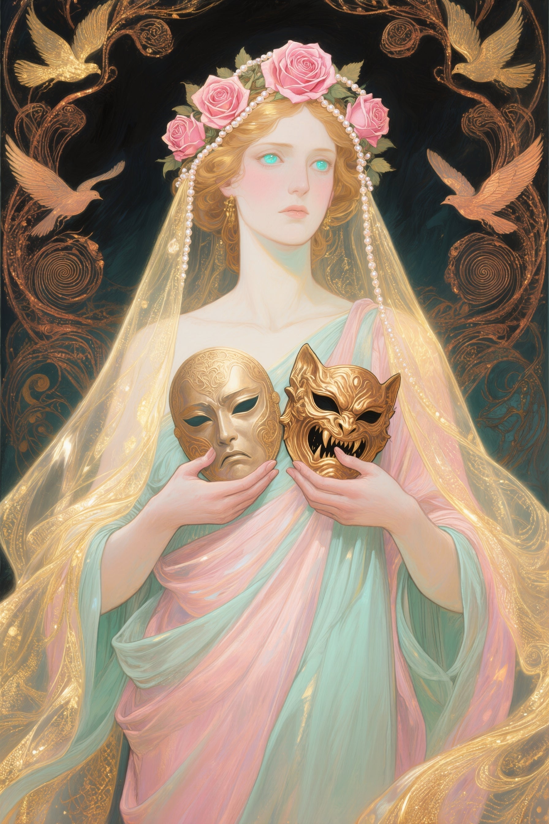 Artistic depiction of a woman holding two masks against a decorative 