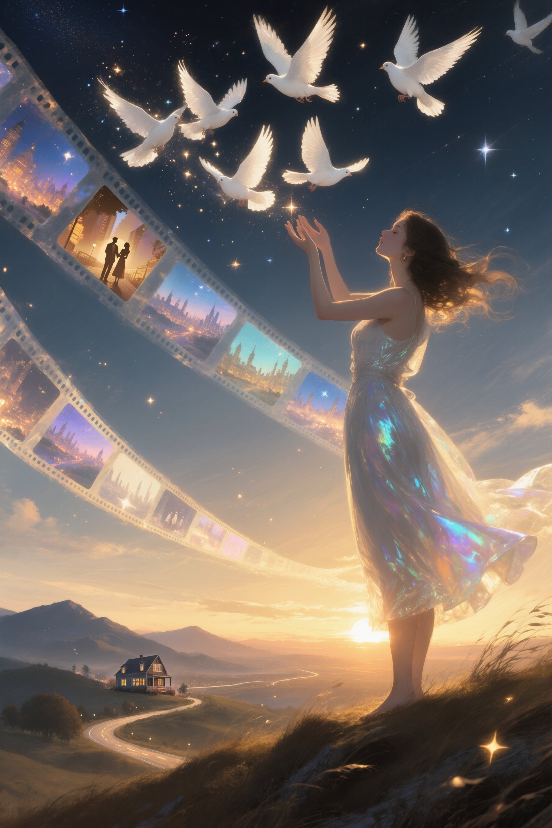 Woman in a flowing dress releasing doves against a sunset sky with filmstrip effects