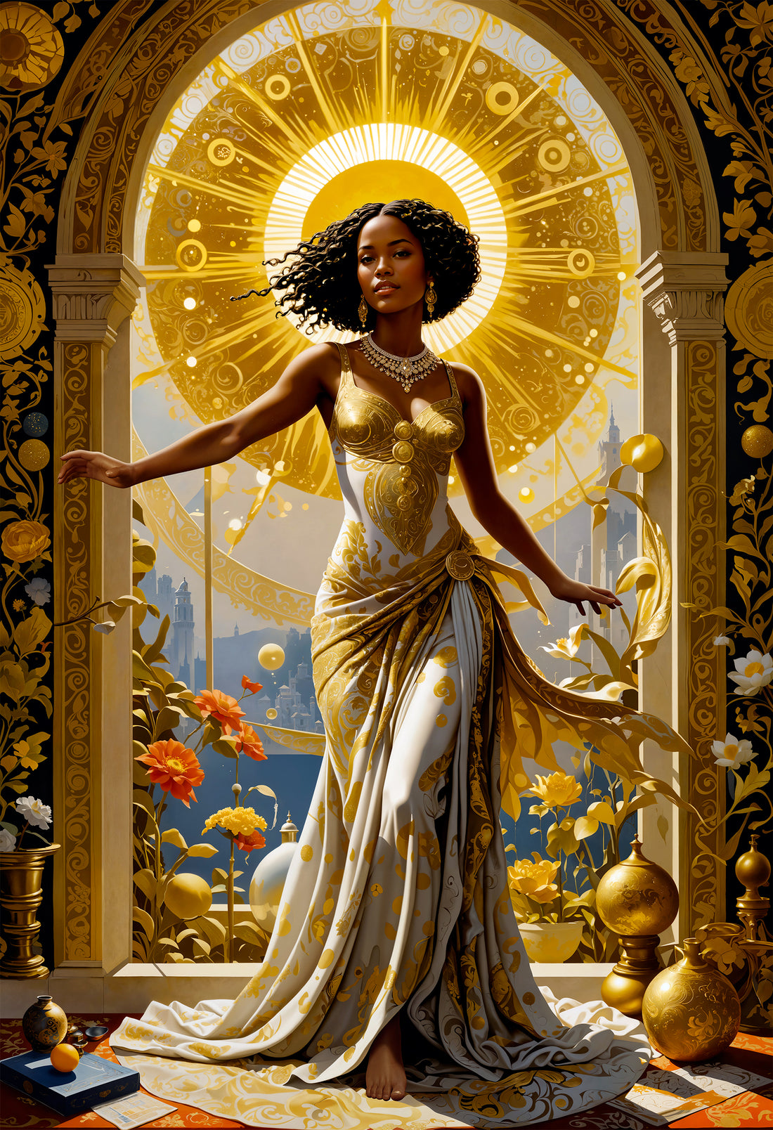 A painting that shows a beautiful woman surrounded by symbols of wealth.