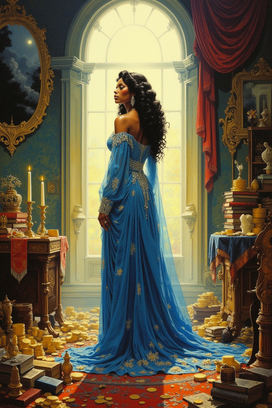 A painting that shows a beautiful woman surrounded by symbols of wealth.