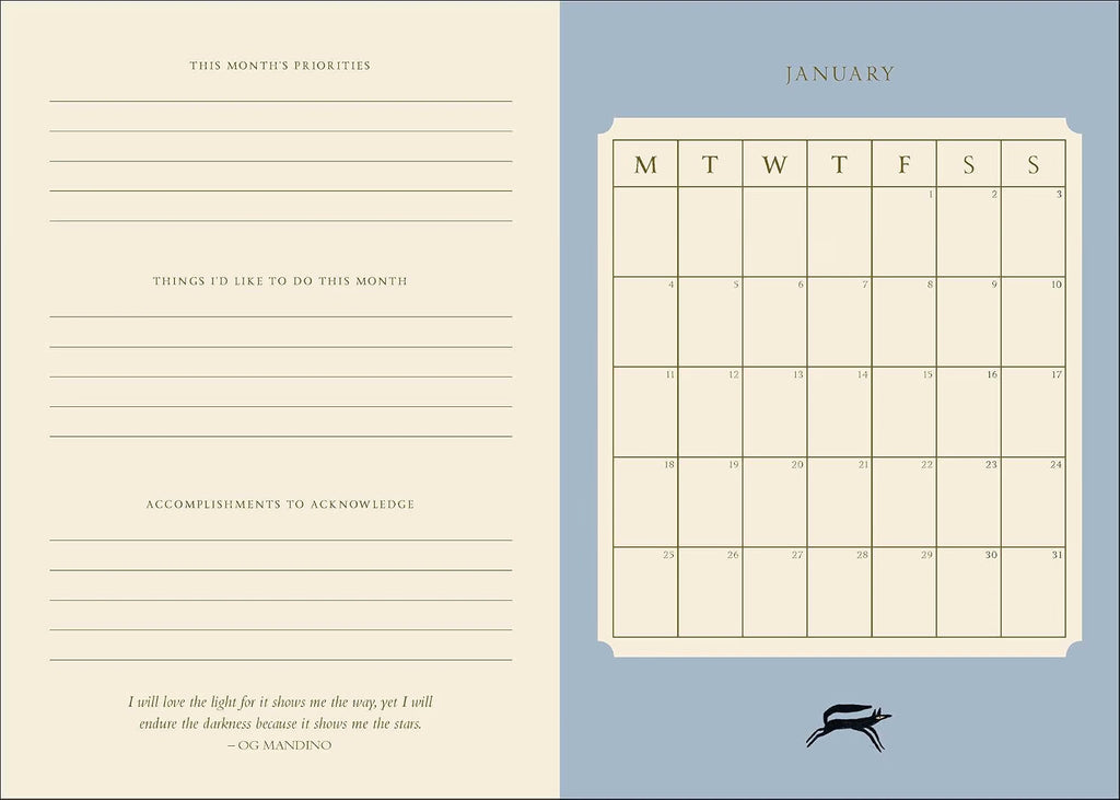 A two-sided monthly planner spread. The left page has cream-colored lines for writing monthly priorities, goals, accomplishments, and a quote by D.