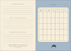 A two-sided monthly planner spread. The left page has cream-colored lines for writing monthly priorities, goals, accomplishments, and a quote by D.