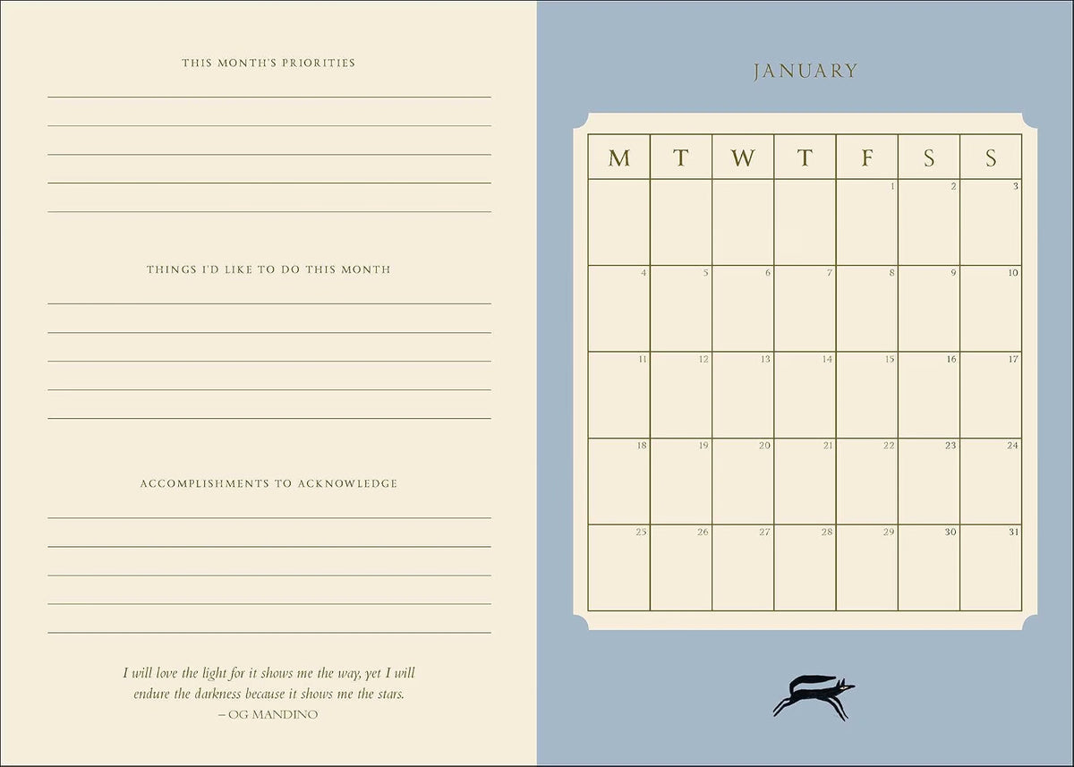 A two-sided monthly planner spread. The left page has cream-colored lines for writing monthly priorities, goals, accomplishments, and a quote by D.