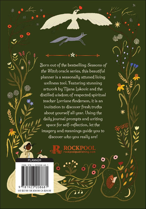 Back cover of a planner featuring a dark green background with botanical illustrations, a white bird at the top, a small fox near the bottom right, and a barcode with the title 'PLANNER' and publisher branding 'ROCKPOOL' and 'rockpooltheplanner.com'.