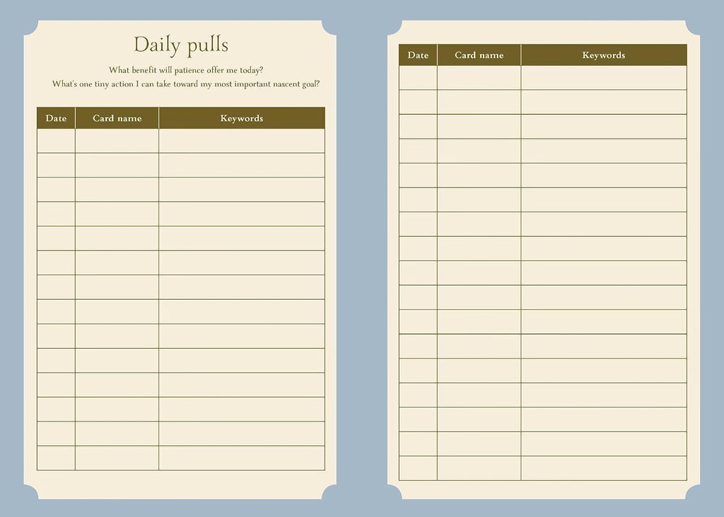 Two cream-colored daily pull cards with brown headers, displayed side-by-side on a light blue background. The left card is titled 'Daily pulls' with a short prompt, and the right card has columns for 'Date', 'Card name', and 'Keywords'.