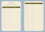 Two cream-colored daily pull cards with brown headers, displayed side-by-side on a light blue background. The left card is titled 'Daily pulls' with a short prompt, and the right card has columns for 'Date', 'Card name', and 'Keywords'.