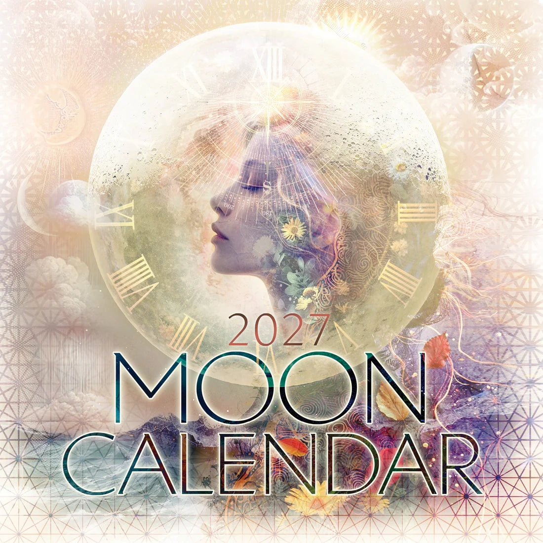 2027 Moon Calendar cover featuring a large glowing moon with a woman's profile, Roman numerals, floral details, and the title 'MOON CALENDAR' in large outlined text at the bottom.