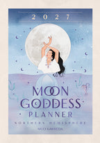 2027 Moon Goddess Diary cover with a woman and moon illustration on a blue background