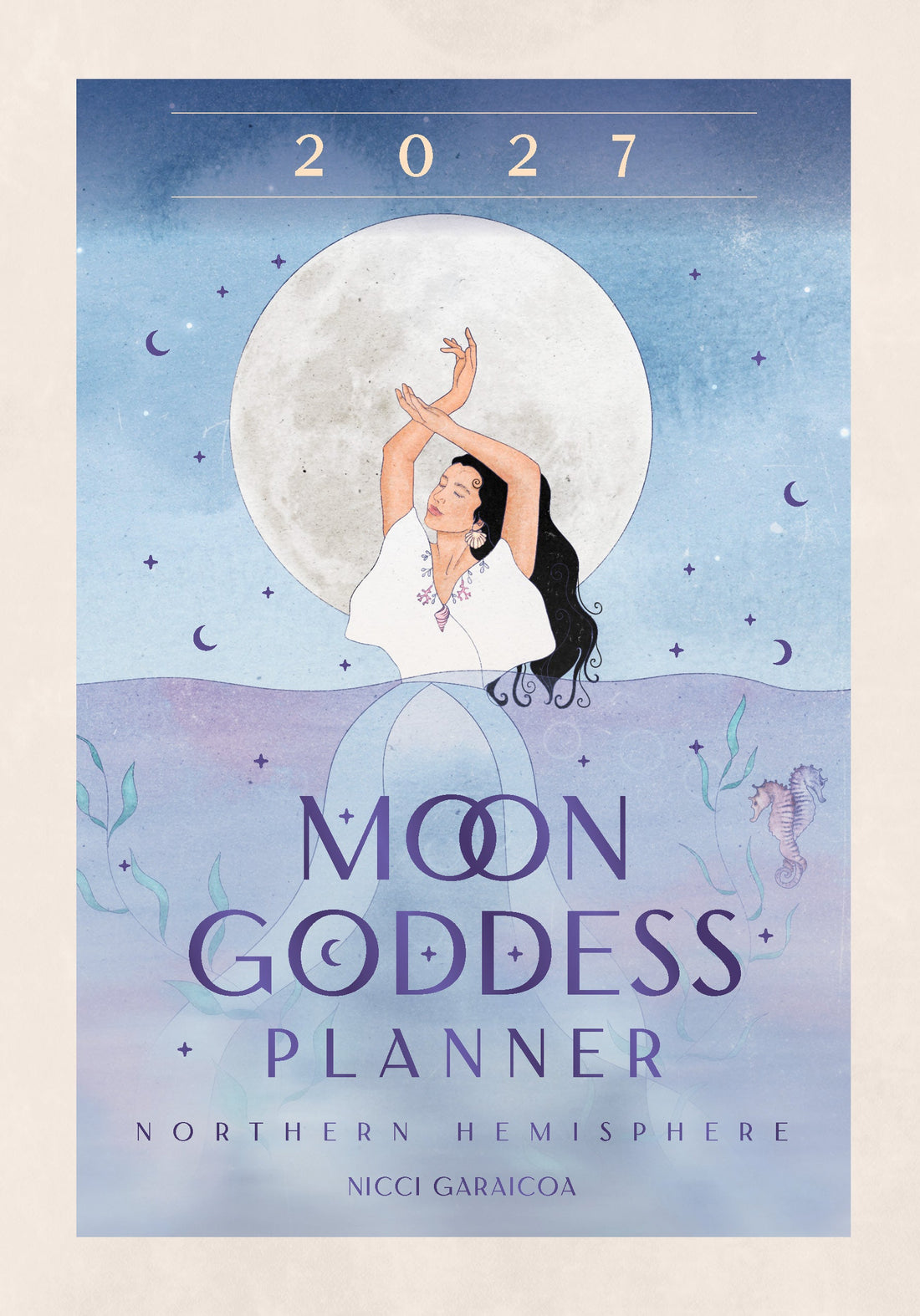 2027 Moon Goddess Diary cover with a woman and moon illustration on a blue background