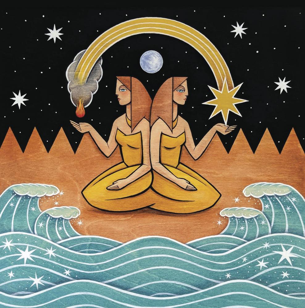 Two women in yellow dresses sitting on a wooden platform with celestial elements above and waves below.