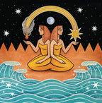 Two women in yellow dresses sitting on a wooden platform with celestial elements above and waves below.