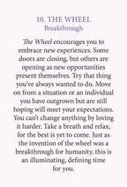 A text-based card or poster with the heading '10. THE WHEEL Breakthrough' and a paragraph of black serif text on a pale lavender background.