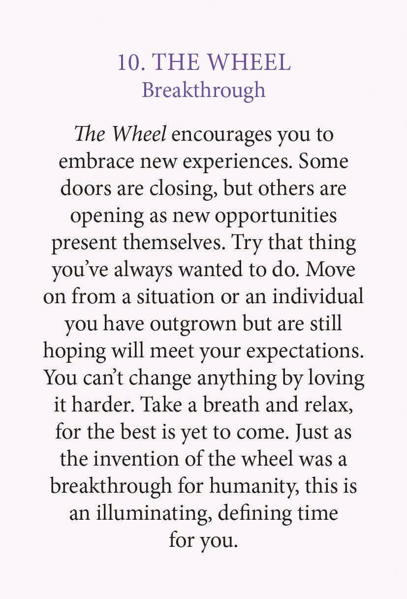 A text-based card or poster with the heading '10. THE WHEEL Breakthrough' and a paragraph of black serif text on a pale lavender background.