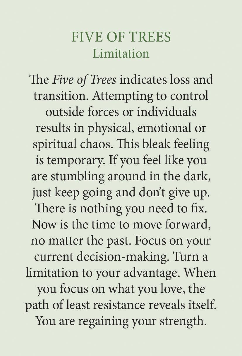 A text-based card or booklet page with the heading 'FIVE OF TREES Limitation' in green and black body text on a pale sage background.