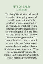 A text-based card or booklet page with the heading 'FIVE OF TREES Limitation' in green and black body text on a pale sage background.