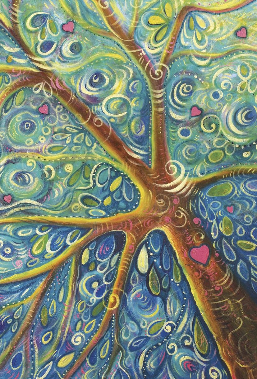 A colorful abstract painting of a tree with swirling patterns in blue, green, yellow, orange, and pink, with small pink hearts scattered throughout.