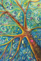 A colorful abstract painting of a tree with swirling patterns in blue, green, yellow, orange, and pink, with small pink hearts scattered throughout.
