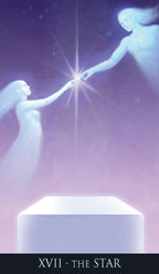 Two figures reaching towards a bright star with a purple gradient background, labeled 'XVII - The Star'.