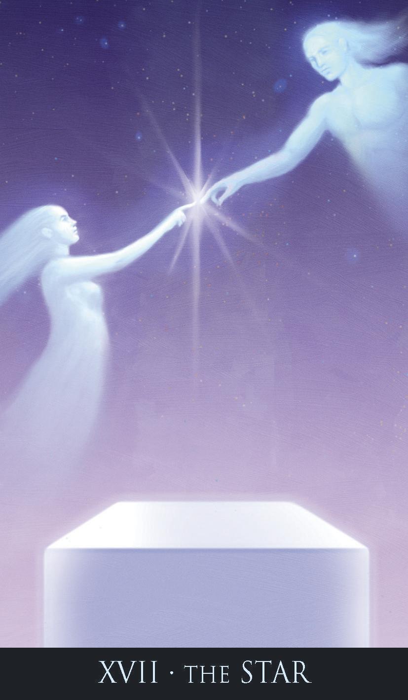 Two figures reaching towards a bright star with a purple gradient background, labeled 'XVII - The Star'.