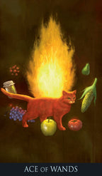 Tarot card featuring a cat with flames, surrounded by fruits and vegetables on a dark background.