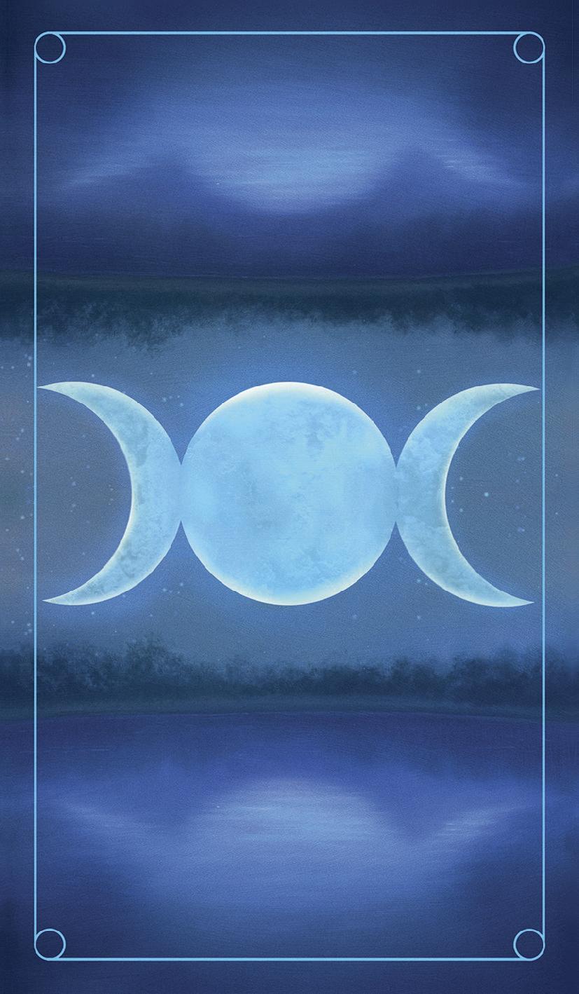 Three blue moons over a dark landscape with a starry sky.